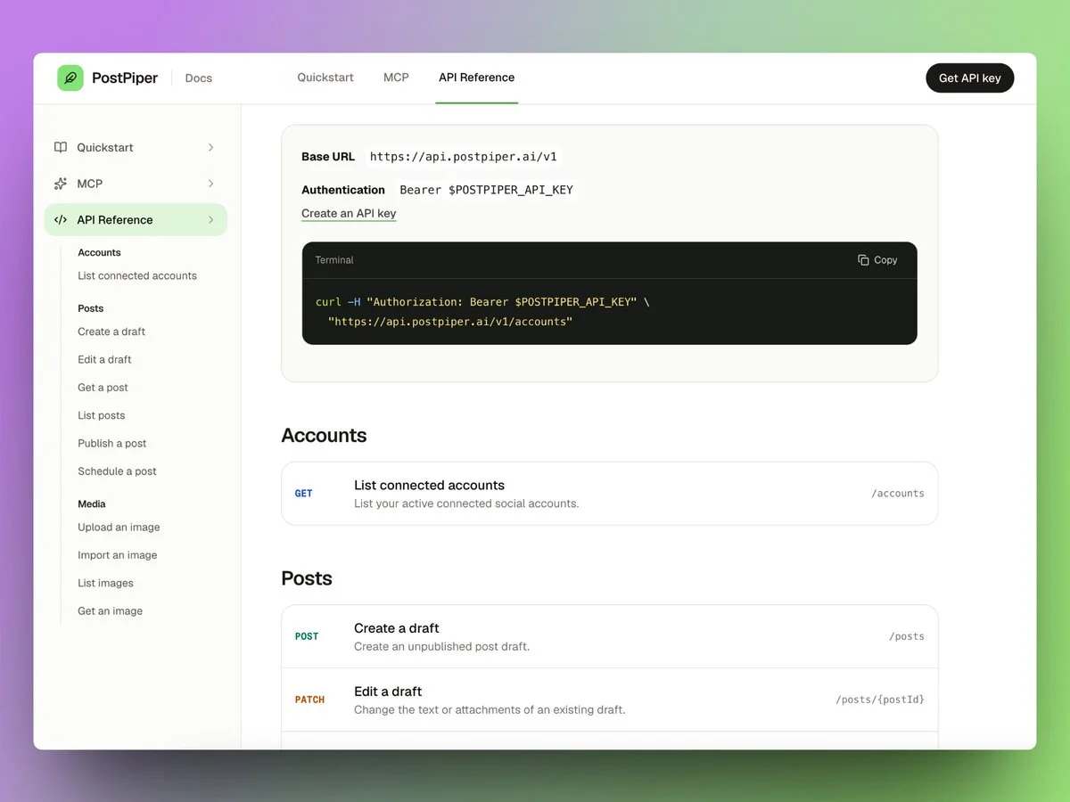 PostPiper API reference showing the base URL, bearer authentication, and endpoints for accounts and drafts