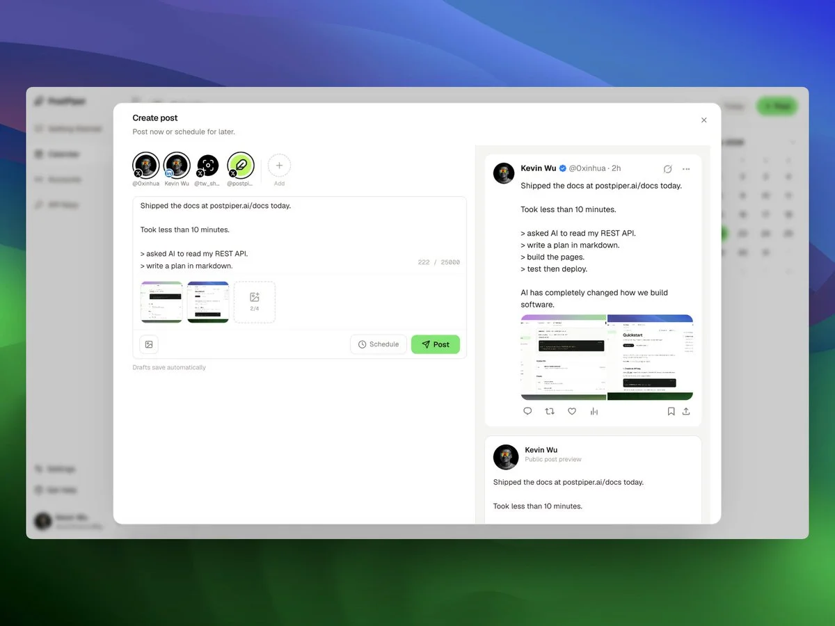 PostPiper create-post window with a draft, a Schedule button, and previews for the selected accounts