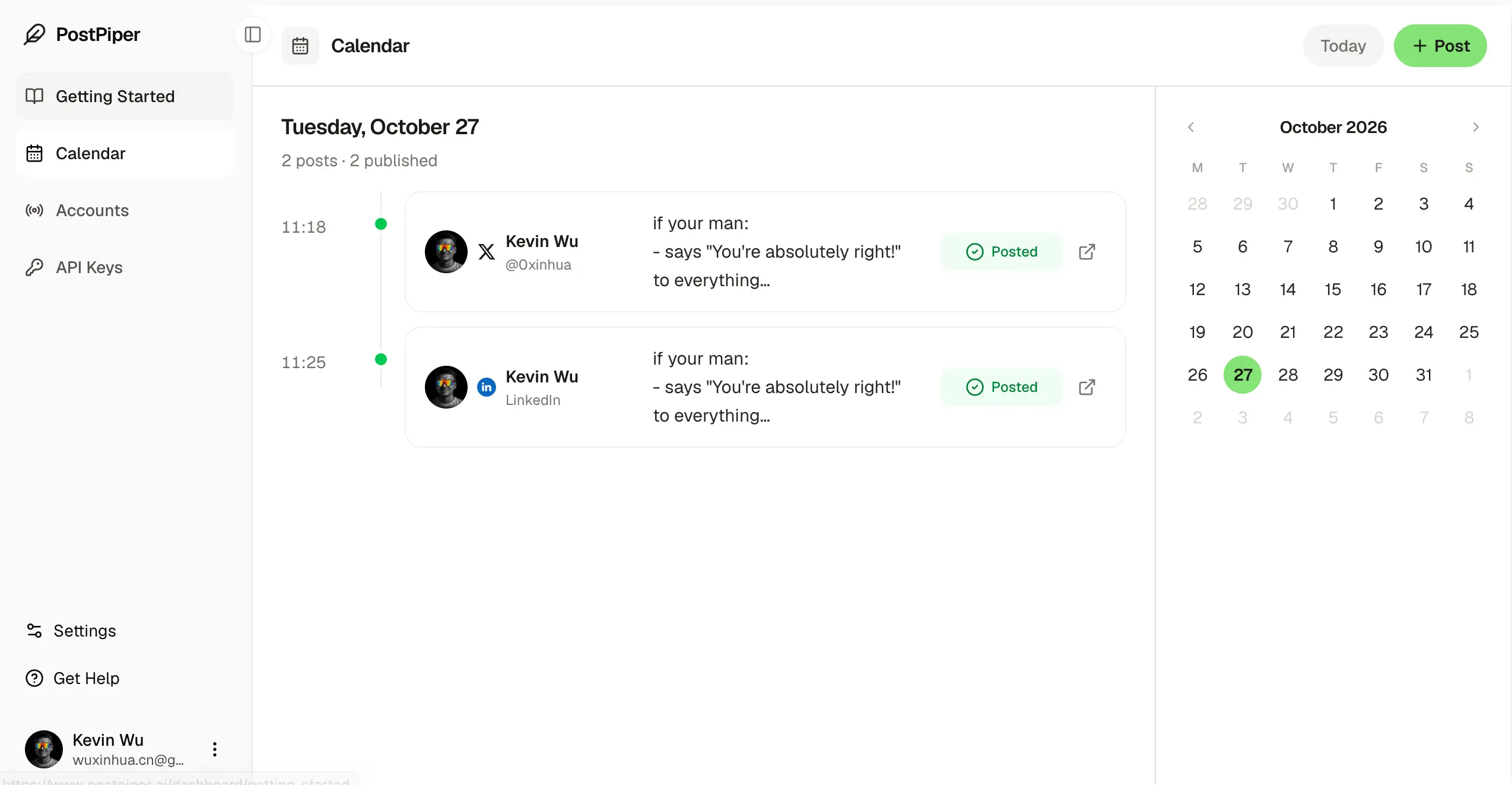 PostPiper calendar showing X and LinkedIn posts marked as published